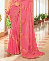Warm Pink Designer Chiffon-Georgette Saree With Zari-Embroidery-Diamond Work And Cut Work Border