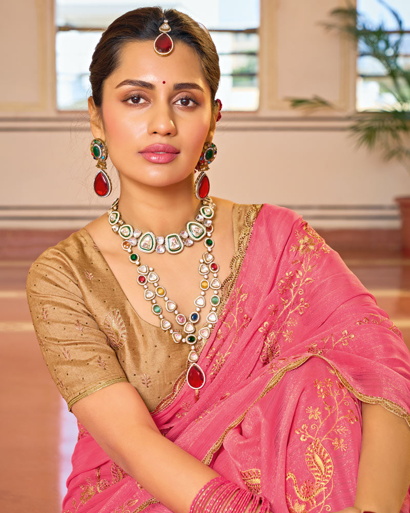 Warm Pink Designer Chiffon-Georgette Saree With Zari-Embroidery-Diamond Work And Cut Work Border