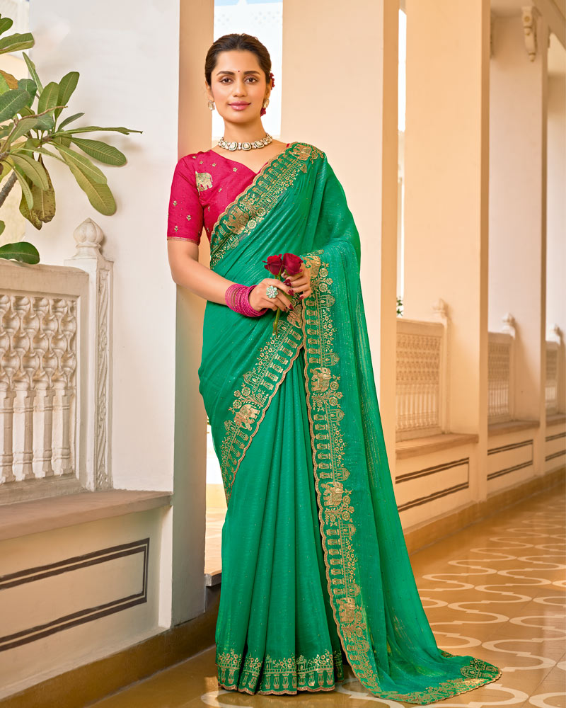 Leaf Green Designer Chiffon-Georgette Saree With Zari-Embroidery-Diamond Work And Cut Work Border