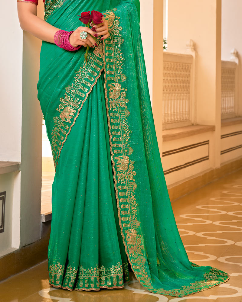 Leaf Green Designer Chiffon-Georgette Saree With Zari-Embroidery-Diamond Work And Cut Work Border