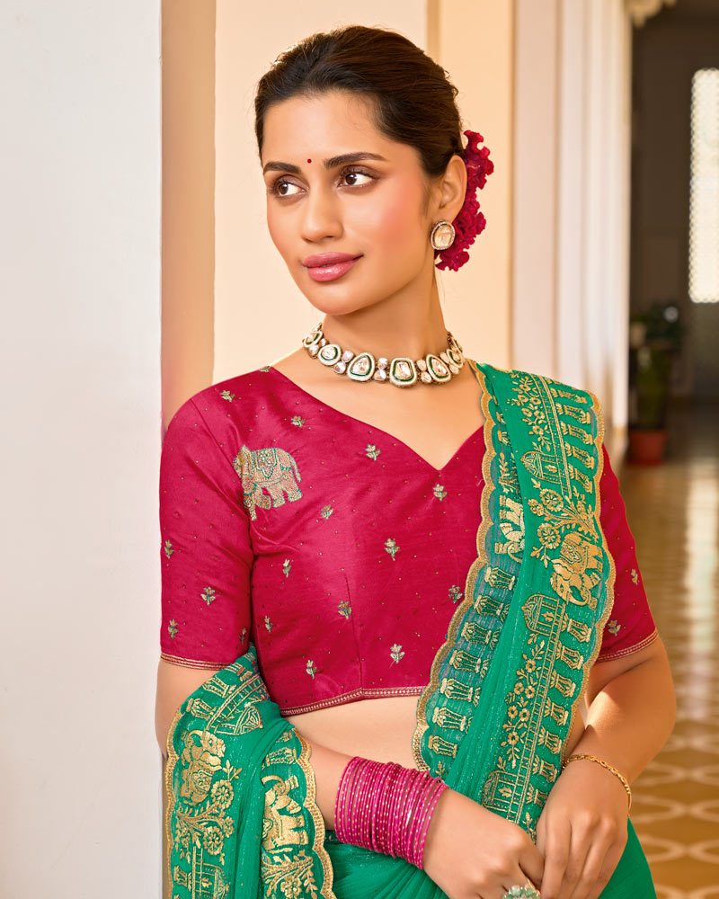 Leaf Green Designer Chiffon-Georgette Saree With Zari-Embroidery-Diamond Work And Cut Work Border