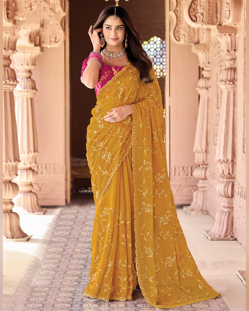 Ochre Designer Fancy Chiffon Saree With Embroidery-Diamond Work And Cut Work Border