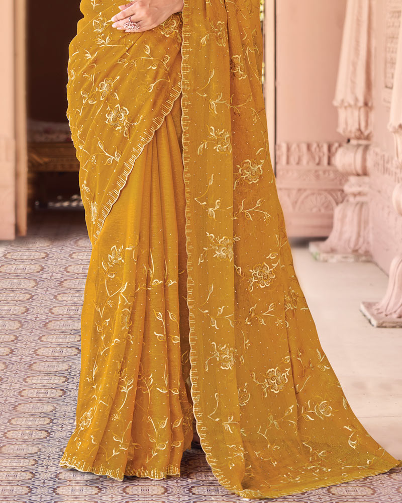 Ochre Designer Fancy Chiffon Saree With Embroidery-Diamond Work And Cut Work Border