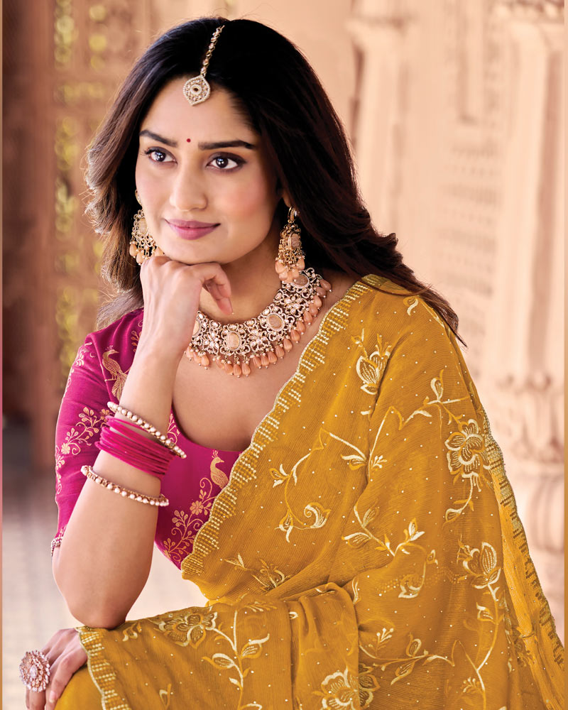 Ochre Designer Fancy Chiffon Saree With Embroidery-Diamond Work And Cut Work Border