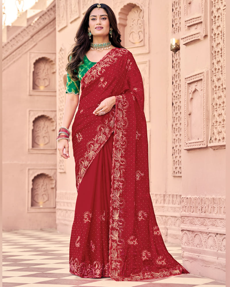 Vivid Burgundy Designer Fancy Chiffon Saree With Embroidery-Diamond Work And Cut Work Border