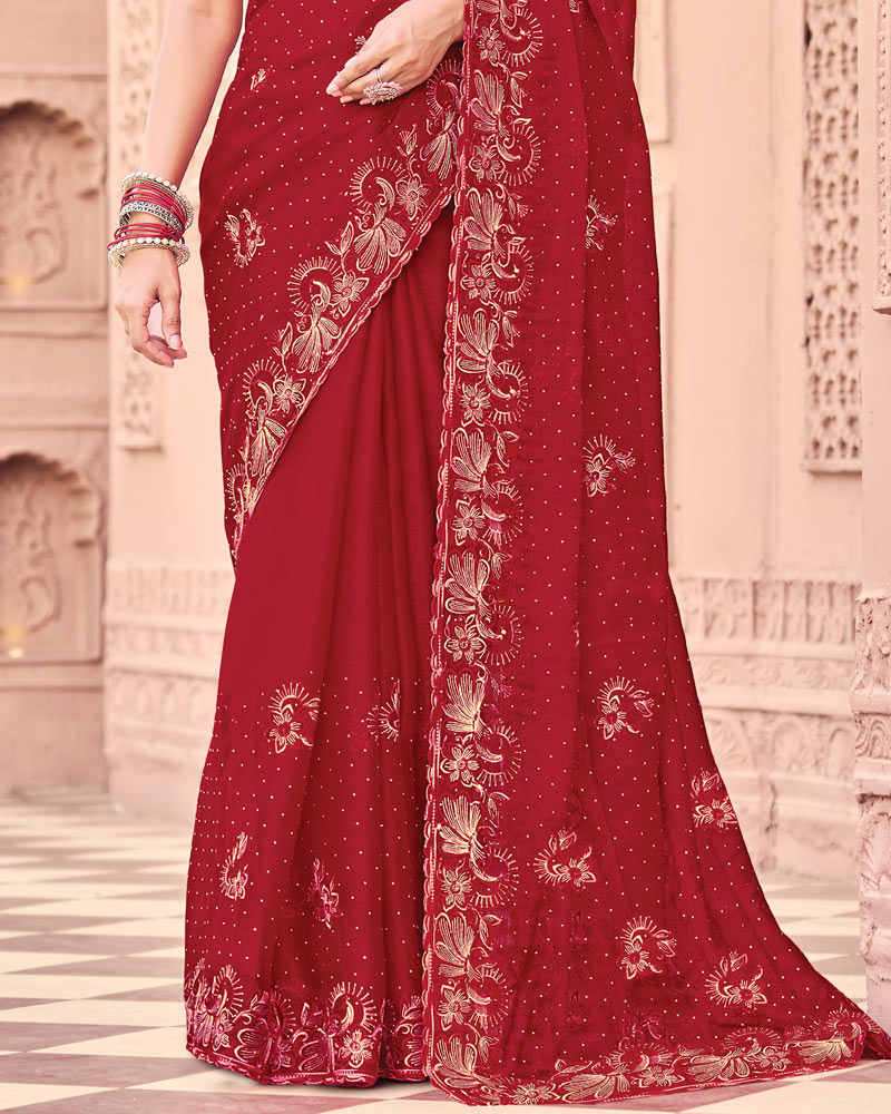 Vivid Burgundy Designer Fancy Chiffon Saree With Embroidery-Diamond Work And Cut Work Border