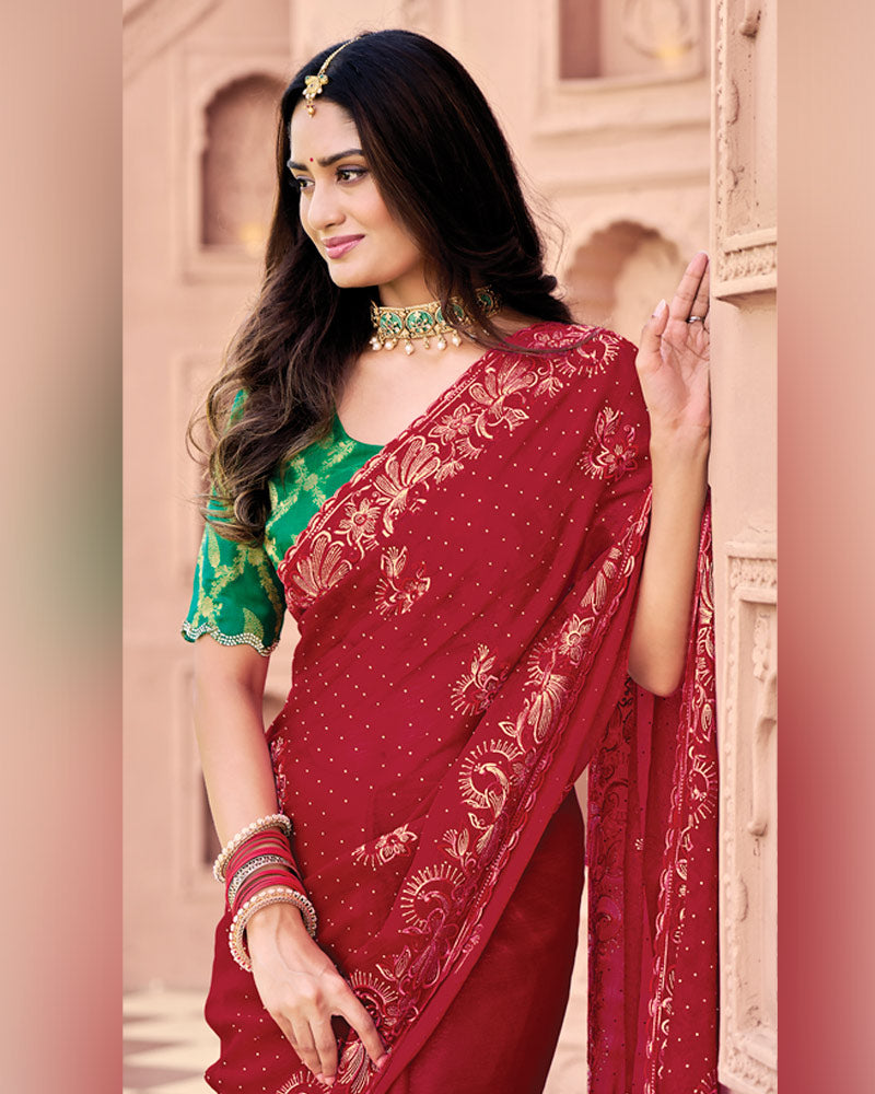 Vivid Burgundy Designer Fancy Chiffon Saree With Embroidery-Diamond Work And Cut Work Border