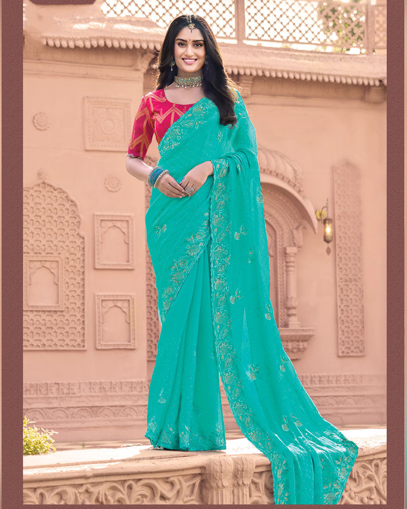Persian Green Designer Fancy Chiffon Saree With Embroidery-Diamond Work And Cut Work Border