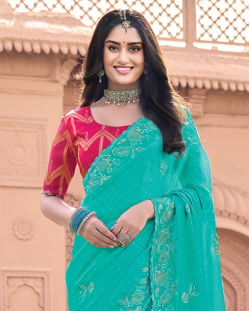 Persian Green Designer Fancy Chiffon Saree With Embroidery-Diamond Work And Cut Work Border