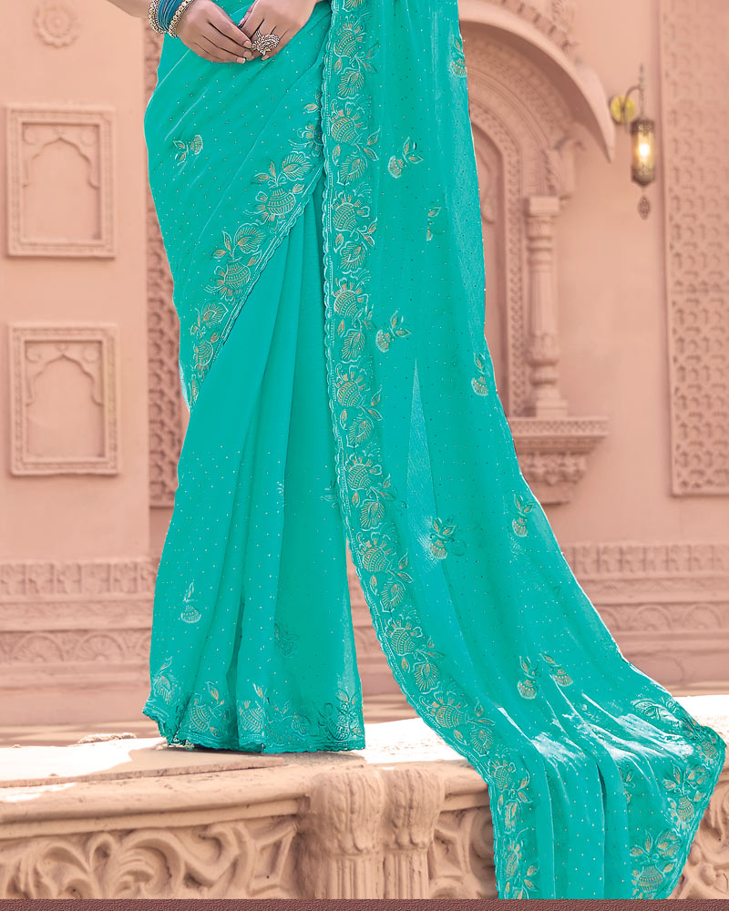 Persian Green Designer Fancy Chiffon Saree With Embroidery-Diamond Work And Cut Work Border