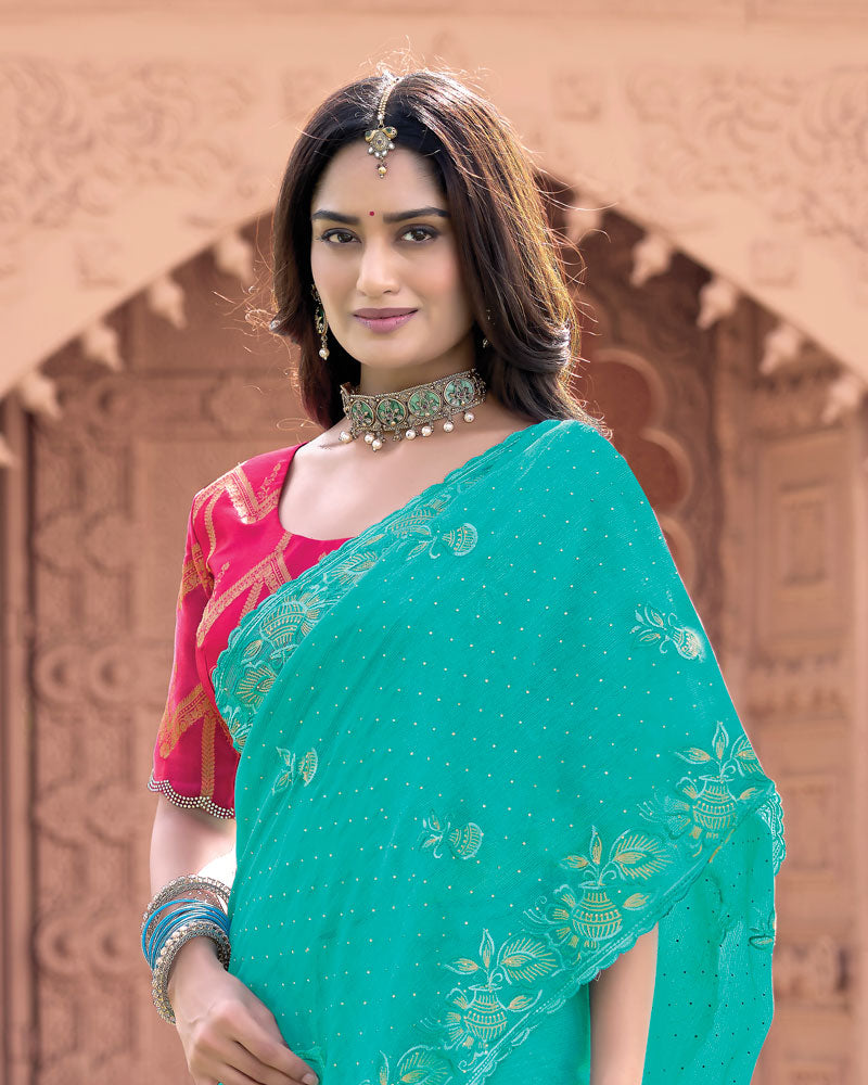 Persian Green Designer Fancy Chiffon Saree With Embroidery-Diamond Work And Cut Work Border