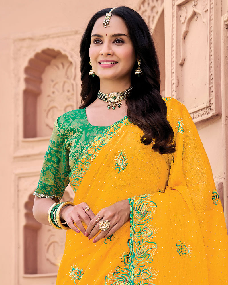 Orangey Yellow Designer Fancy Chiffon Saree With Embroidery-Diamond Work And Cut Work Border