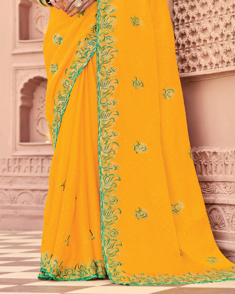 Orangey Yellow Designer Fancy Chiffon Saree With Embroidery-Diamond Work And Cut Work Border