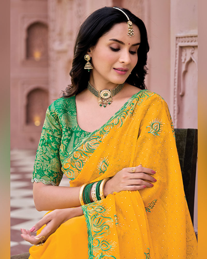 Orangey Yellow Designer Fancy Chiffon Saree With Embroidery-Diamond Work And Cut Work Border