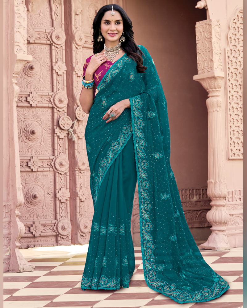 Peacock Green Designer Fancy Chiffon Saree With Embroidery-Diamond Work And Cut Work Border
