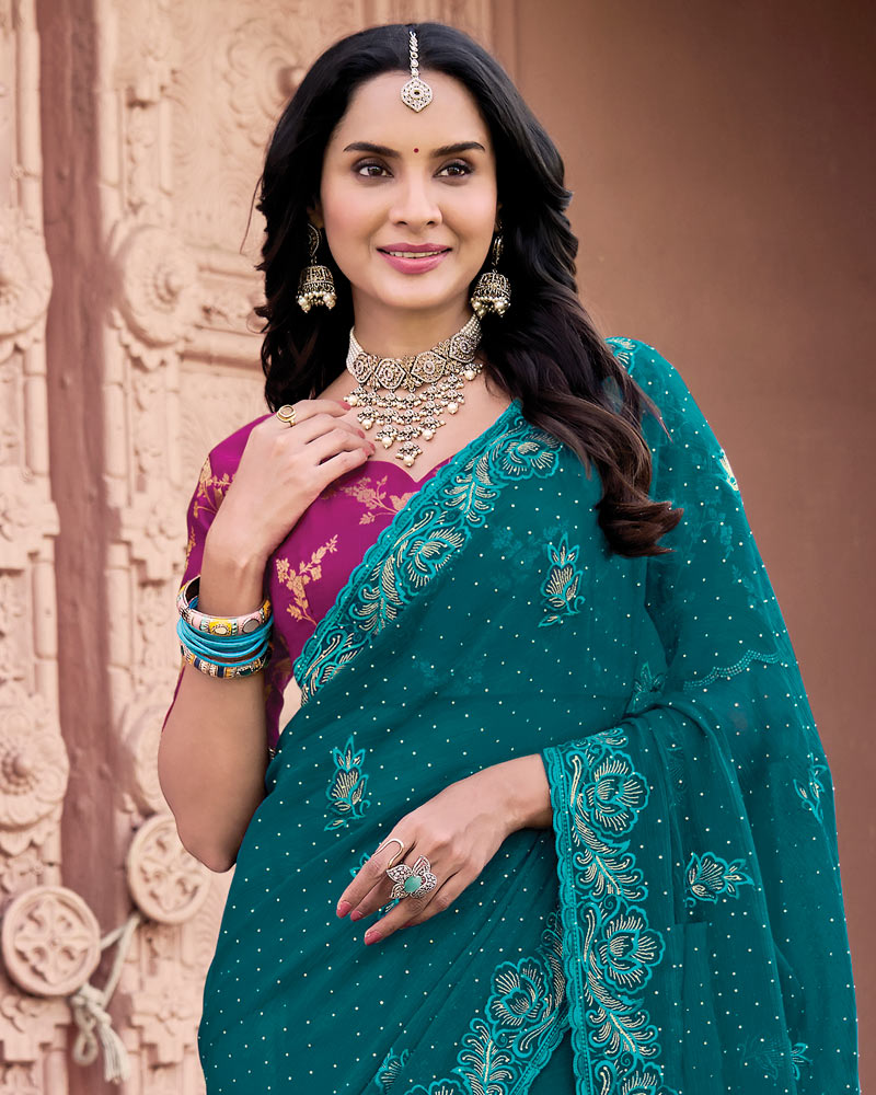 Peacock Green Designer Fancy Chiffon Saree With Embroidery-Diamond Work And Cut Work Border