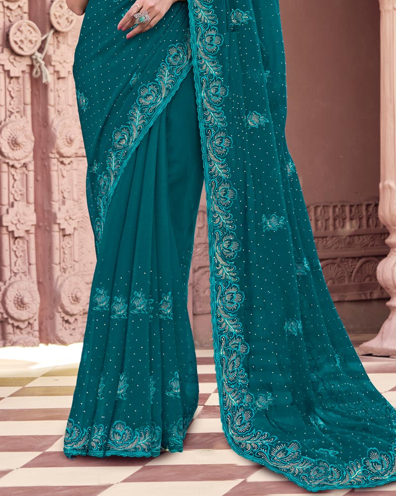 Peacock Green Designer Fancy Chiffon Saree With Embroidery-Diamond Work And Cut Work Border