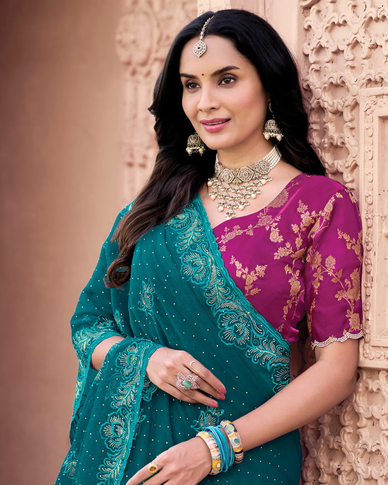 Peacock Green Designer Fancy Chiffon Saree With Embroidery-Diamond Work And Cut Work Border