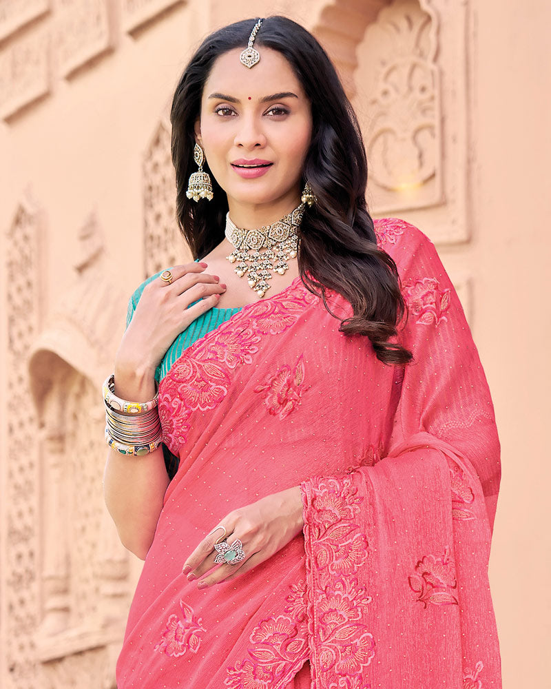 Warm Rose Pink Designer Fancy Chiffon Saree With Embroidery-Diamond Work And Cut Work Border