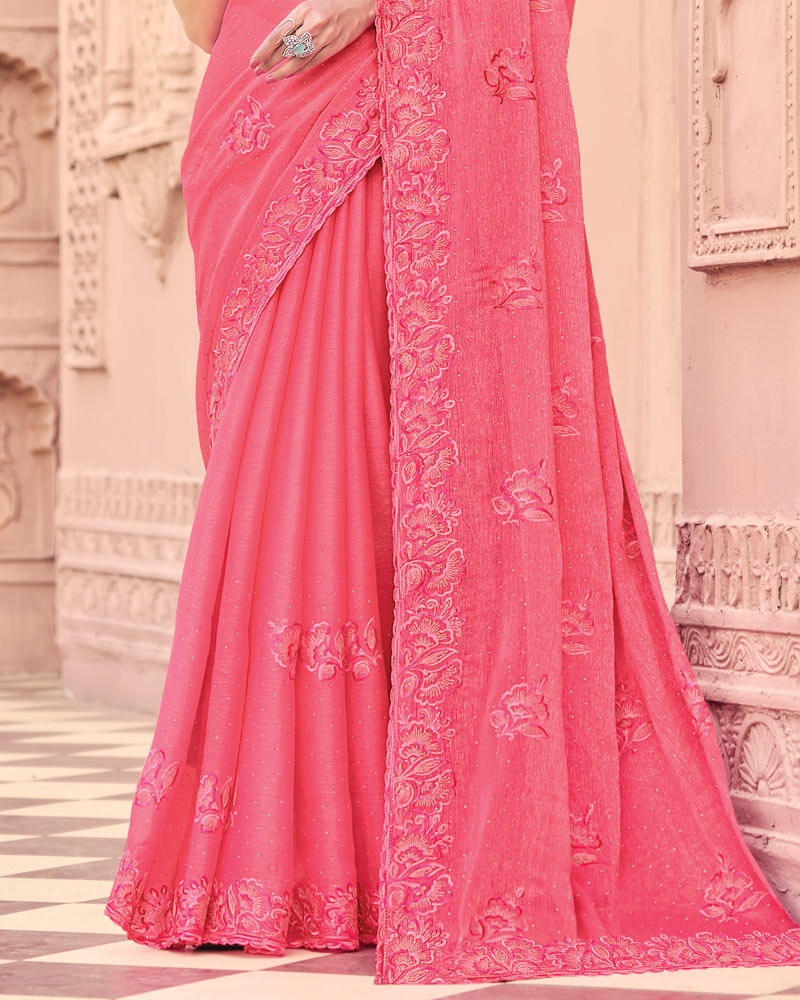 Warm Rose Pink Designer Fancy Chiffon Saree With Embroidery-Diamond Work And Cut Work Border