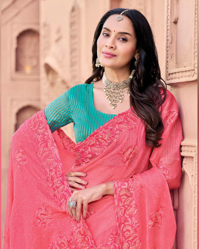 Warm Rose Pink Designer Fancy Chiffon Saree With Embroidery-Diamond Work And Cut Work Border