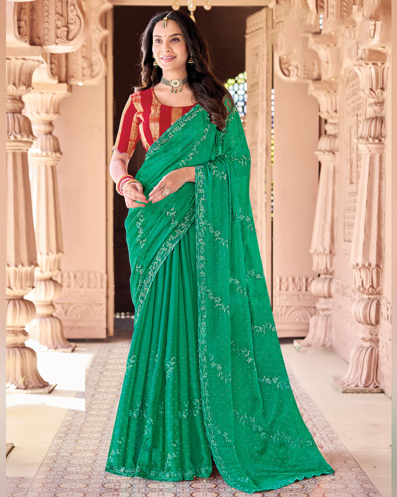 Jade Green Designer Fancy Chiffon Saree With Embroidery-Diamond Work And Cut Work Border