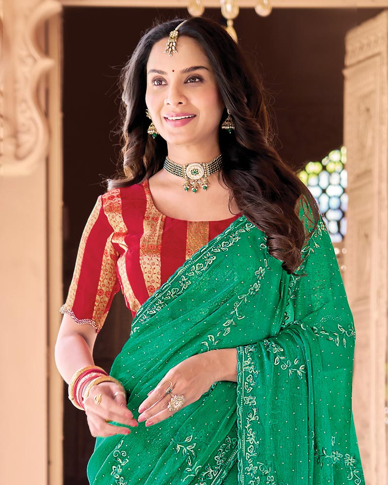 Jade Green Designer Fancy Chiffon Saree With Embroidery-Diamond Work And Cut Work Border