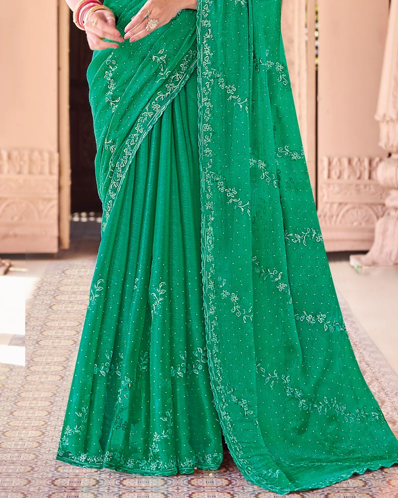 Jade Green Designer Fancy Chiffon Saree With Embroidery-Diamond Work And Cut Work Border