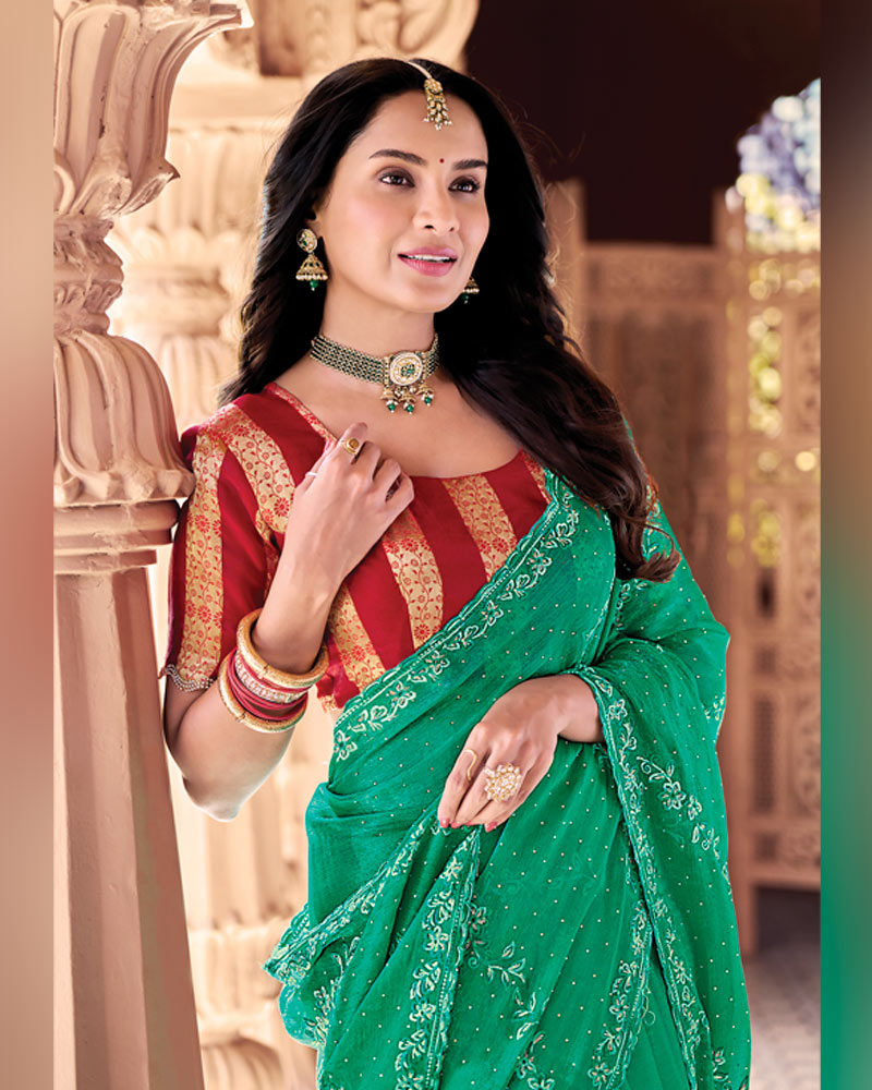 Jade Green Designer Fancy Chiffon Saree With Embroidery-Diamond Work And Cut Work Border