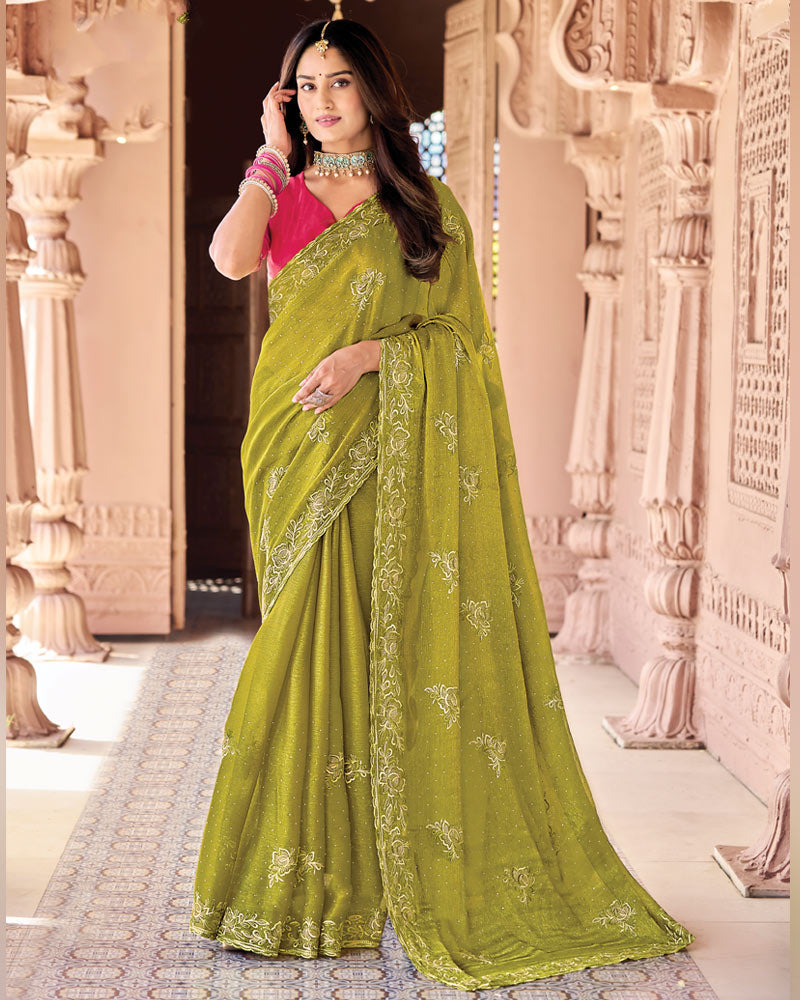Dark Olive Yellow Designer Fancy Chiffon Saree With Embroidery-Diamond Work And Cut Work Border