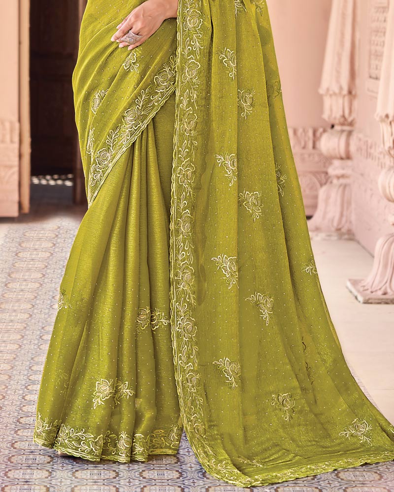Dark Olive Yellow Designer Fancy Chiffon Saree With Embroidery-Diamond Work And Cut Work Border