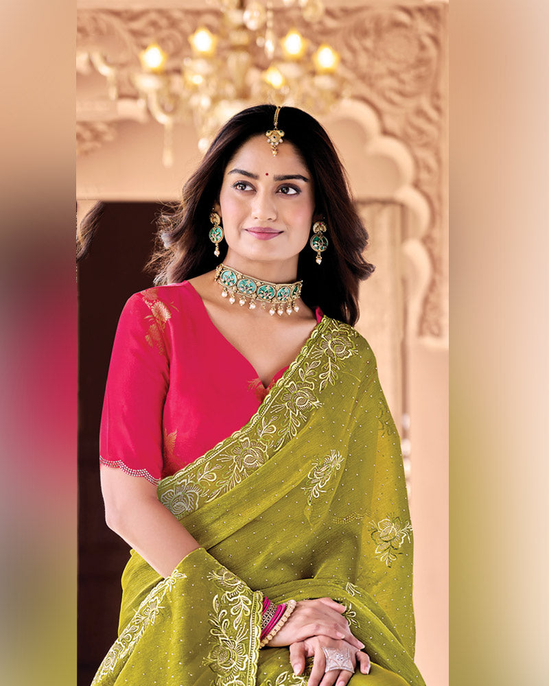 Dark Olive Yellow Designer Fancy Chiffon Saree With Embroidery-Diamond Work And Cut Work Border