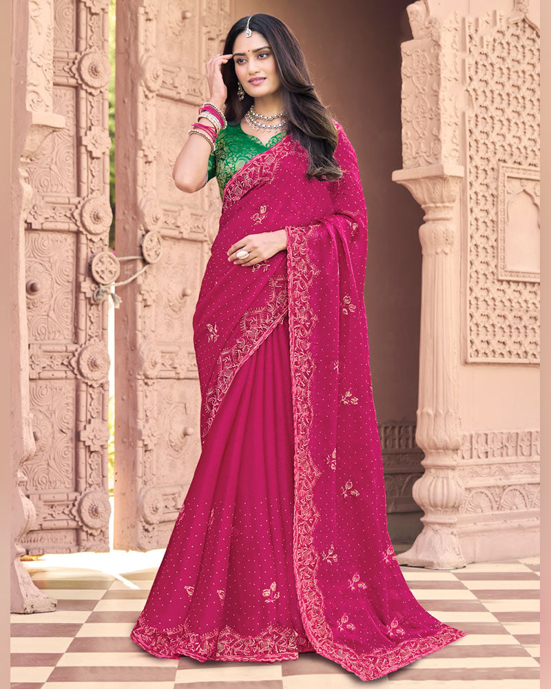 Purplish Red Designer Fancy Chiffon Saree With Embroidery-Diamond Work And Cut Work Border