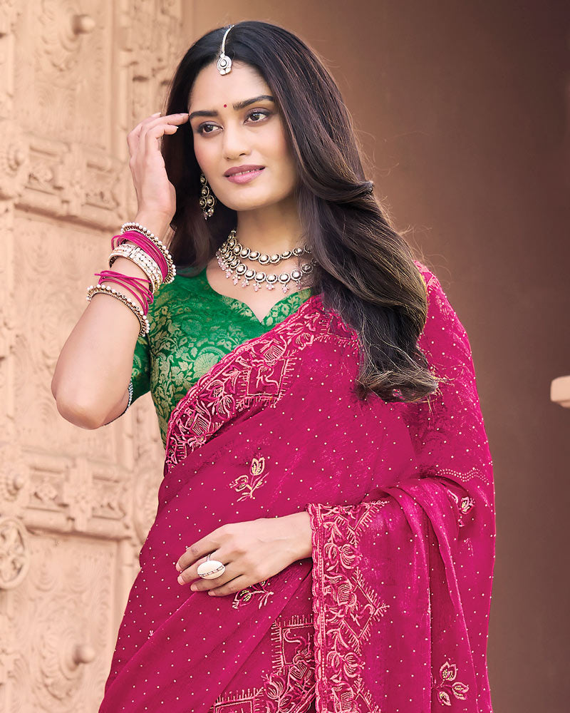 Purplish Red Designer Fancy Chiffon Saree With Embroidery-Diamond Work And Cut Work Border