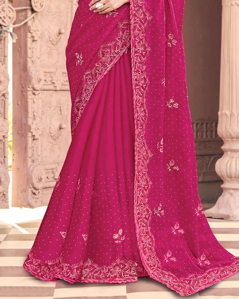 Purplish Red Designer Fancy Chiffon Saree With Embroidery-Diamond Work And Cut Work Border