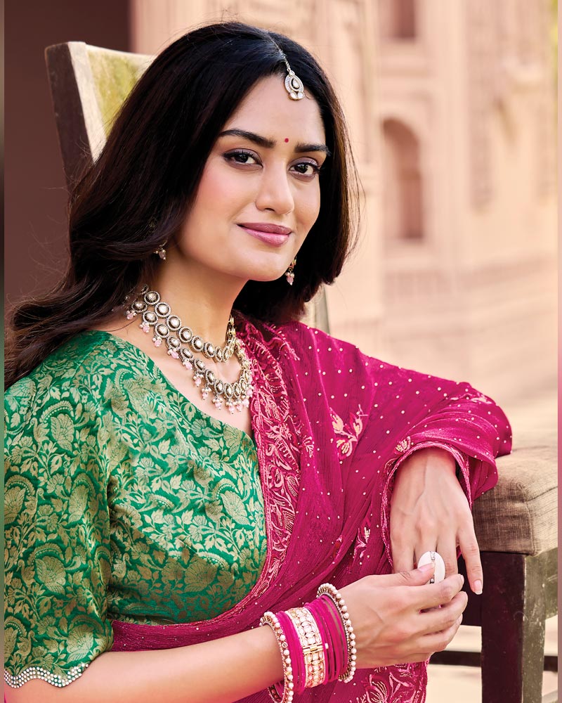 Purplish Red Designer Fancy Chiffon Saree With Embroidery-Diamond Work And Cut Work Border