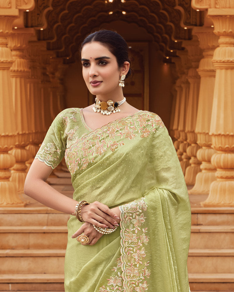 Vishal Prints Pastel Olive Green Designer Fancy Satin Saree With Embroidery-Diamond Work And Cut Work Border