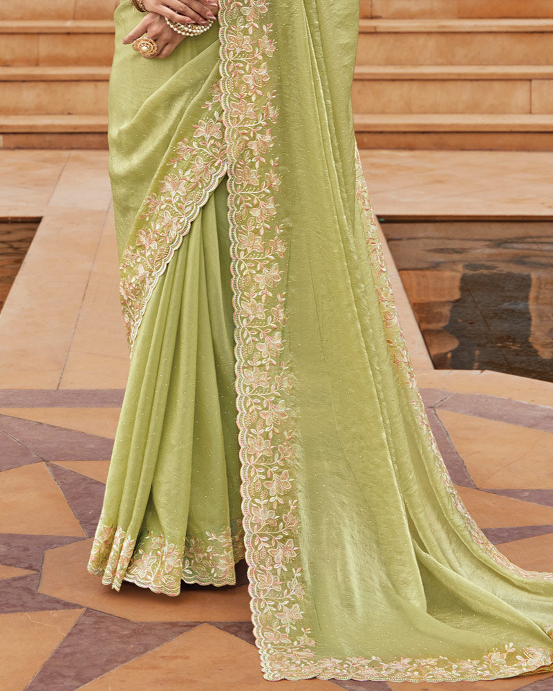 Vishal Prints Pastel Olive Green Designer Fancy Satin Saree With Embroidery-Diamond Work And Cut Work Border