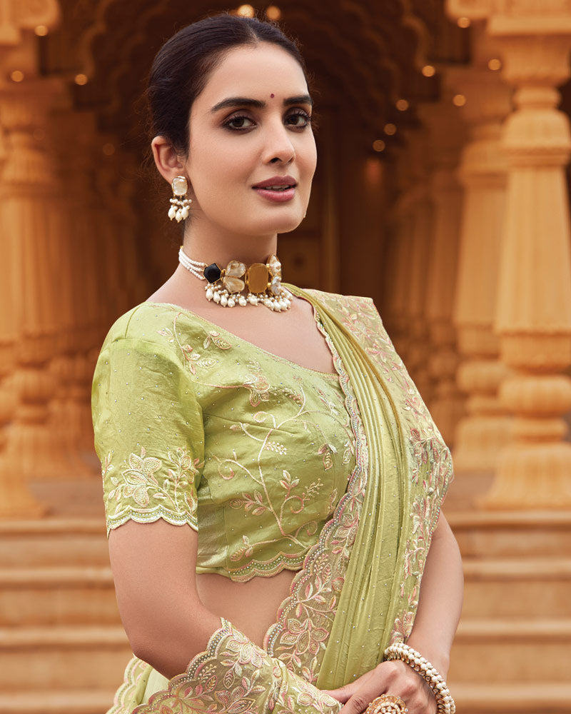 Vishal Prints Pastel Olive Green Designer Fancy Satin Saree With Embroidery-Diamond Work And Cut Work Border