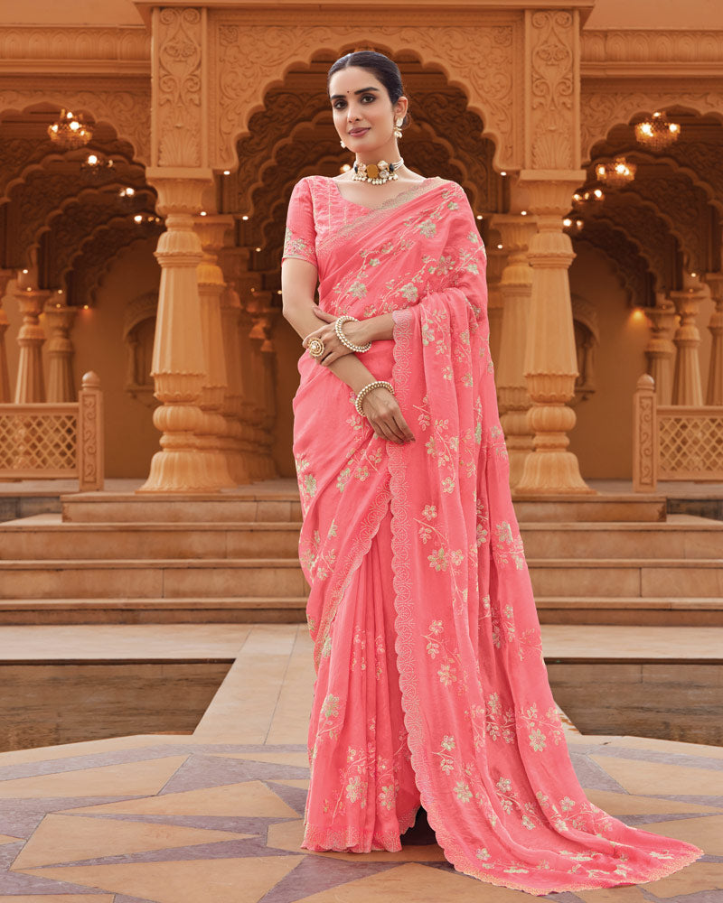 Vishal Prints Salmon Pink Designer Fancy Satin Saree With Embroidery-Diamond Work And Cut Work Border