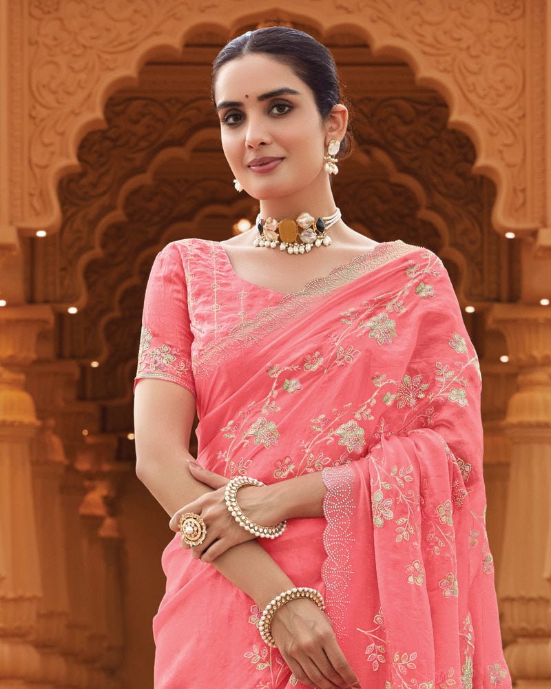 Vishal Prints Salmon Pink Designer Fancy Satin Saree With Embroidery-Diamond Work And Cut Work Border