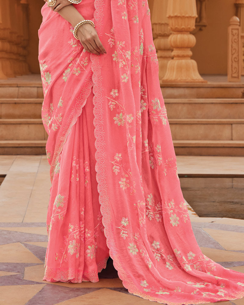 Vishal Prints Salmon Pink Designer Fancy Satin Saree With Embroidery-Diamond Work And Cut Work Border