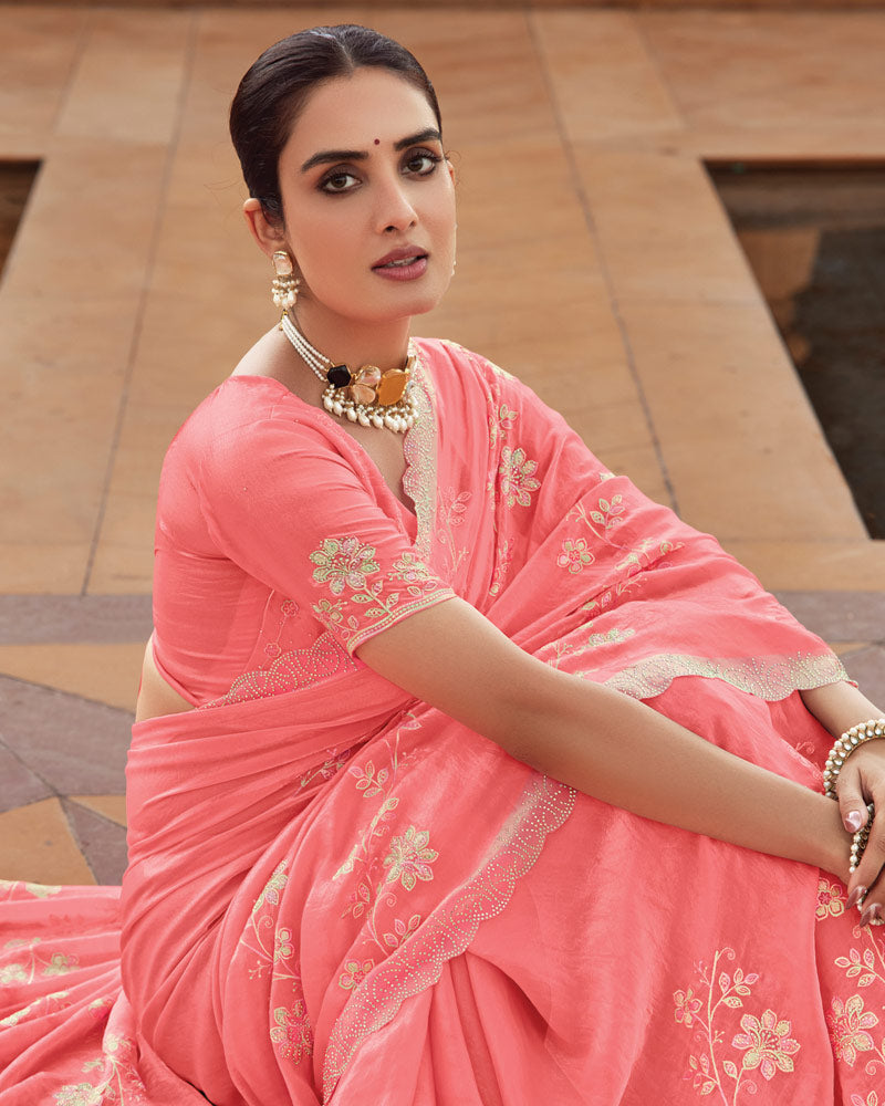 Vishal Prints Salmon Pink Designer Fancy Satin Saree With Embroidery-Diamond Work And Cut Work Border
