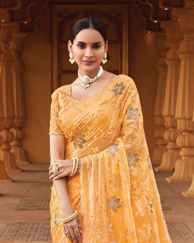 Vishal Prints Pastel Yellow Designer Fancy Satin Saree With Embroidery-Diamond Work And Cut Work Border