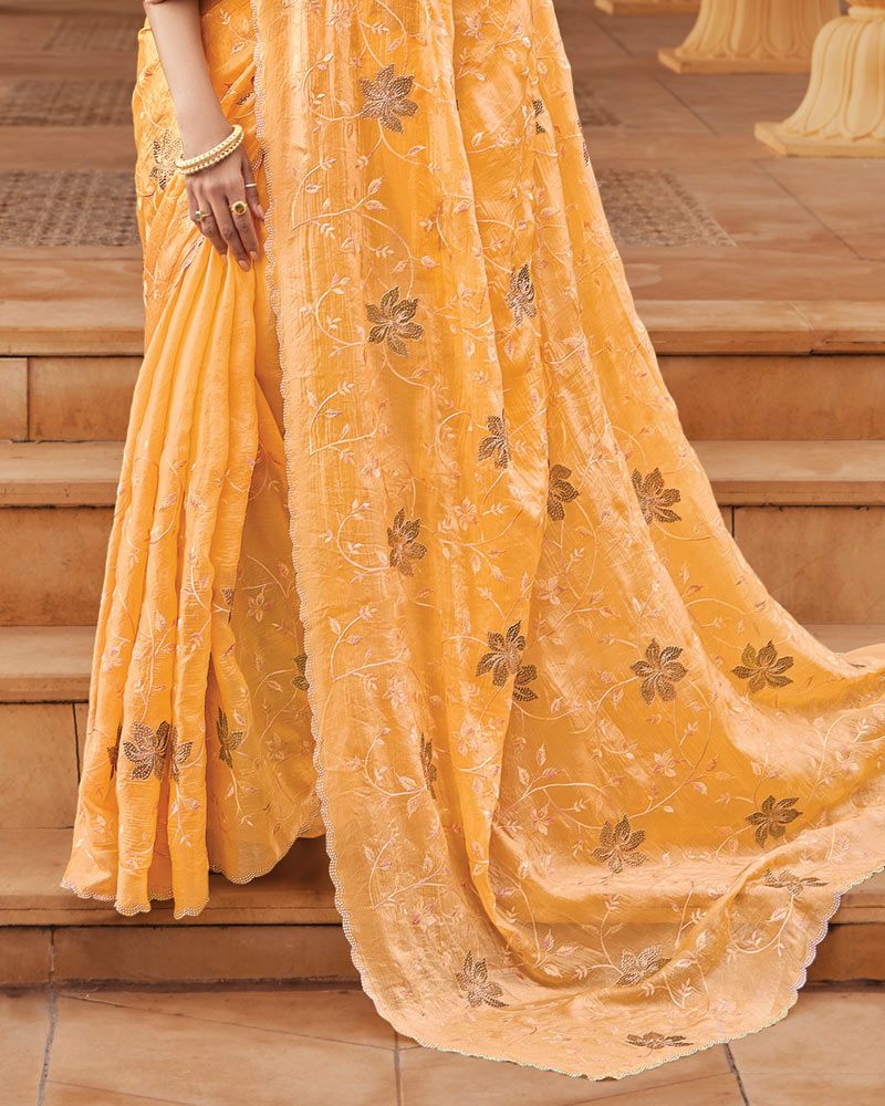 Vishal Prints Pastel Yellow Designer Fancy Satin Saree With Embroidery-Diamond Work And Cut Work Border