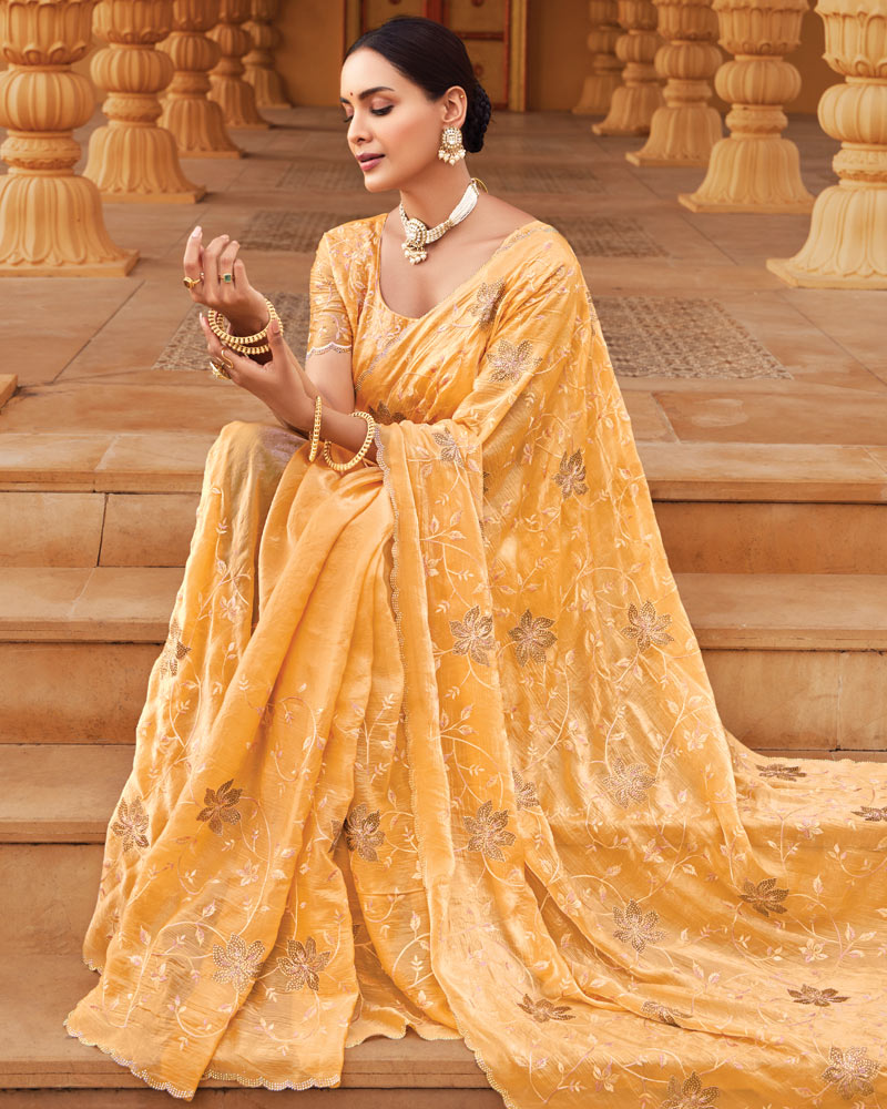 Vishal Prints Pastel Yellow Designer Fancy Satin Saree With Embroidery-Diamond Work And Cut Work Border