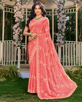 Coral Peach Pink Designer Fancy Satin Saree With Embroidery-Diamond Work And Cut Work Border
