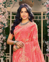 Coral Peach Pink Designer Fancy Satin Saree With Embroidery-Diamond Work And Cut Work Border