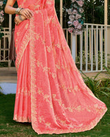 Coral Peach Pink Designer Fancy Satin Saree With Embroidery-Diamond Work And Cut Work Border