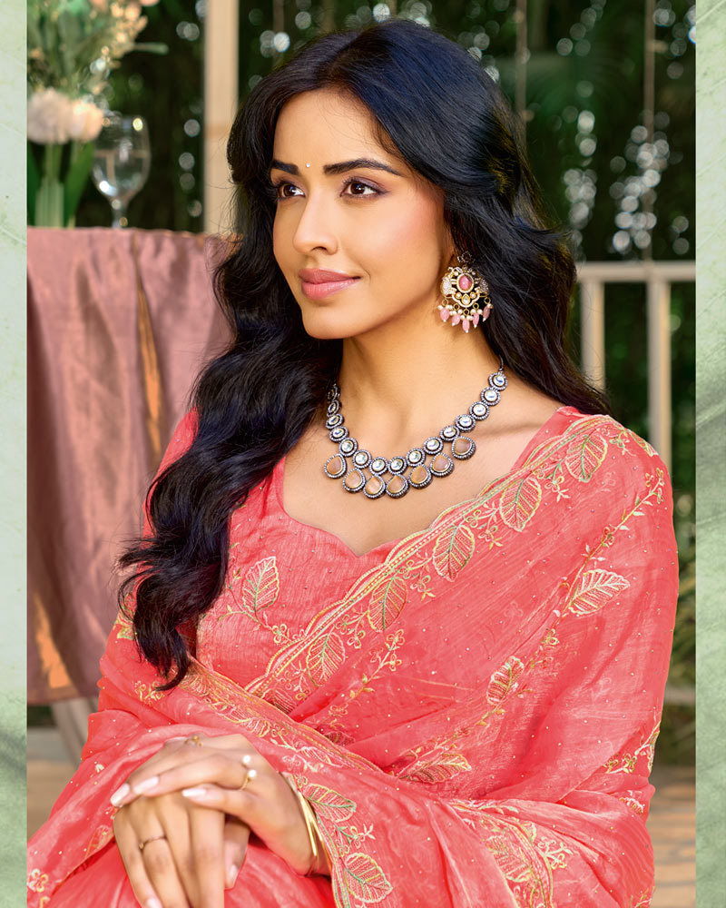 Coral Peach Pink Designer Fancy Satin Saree With Embroidery-Diamond Work And Cut Work Border